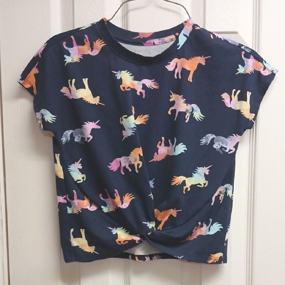 WONDER NATION Girls Cinched Front Cropped at Waist Pullover Navy Unicorn Top 7/8